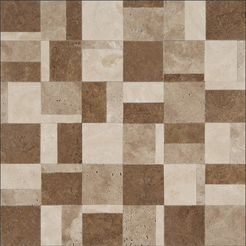 Designer Mosaic in Ivory Travertine + Walnut Travertine + Noce Travertine - Honed - DEKO Tile