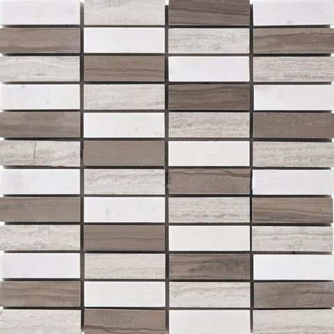 1" X 3" Bar Mosaic in White Woodgrain + Athens Grey + Dolomite - Honed - DEKO Tile