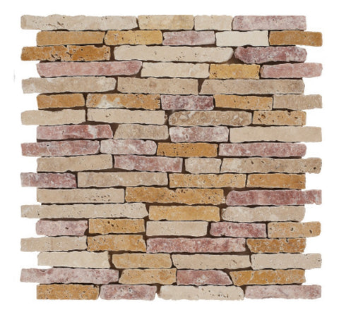 Designer Mosaic in Ivory Travertine + Yellow Travertine + Red Travertine - Tumbled & Broken Edge - DEKO Tile