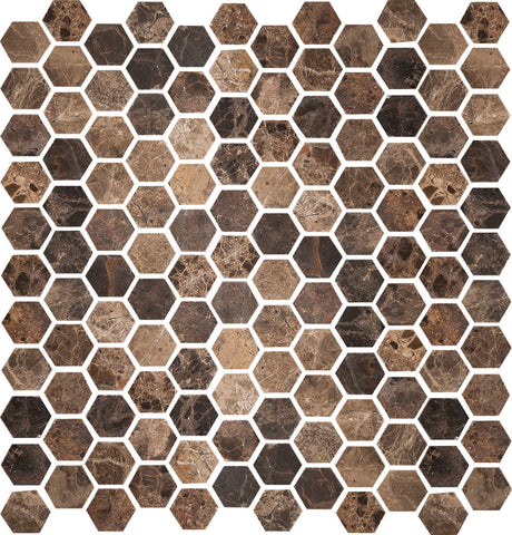 1 inch Hexagon Polished Emperador Dark Mosaic Tile - DEKO Tile