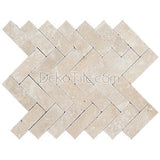 Ivory Classic Travertine Tumbled 1 x 3 Herringbone Mosaic Tile - DEKO Tile