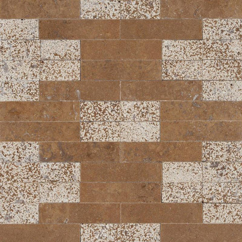 Multi-Finish Designer Mosaic in Noce Travertine [Honed] + Noce Travertine [Sandblasted] - DEKO Tile