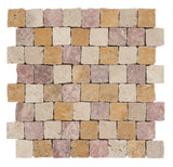Designer Mosaic in Ivory Travertine + Yellow Travertine + Red Travertine (1.1 Sft/Sh) - Tumbled & Broken Edge - DEKO Tile